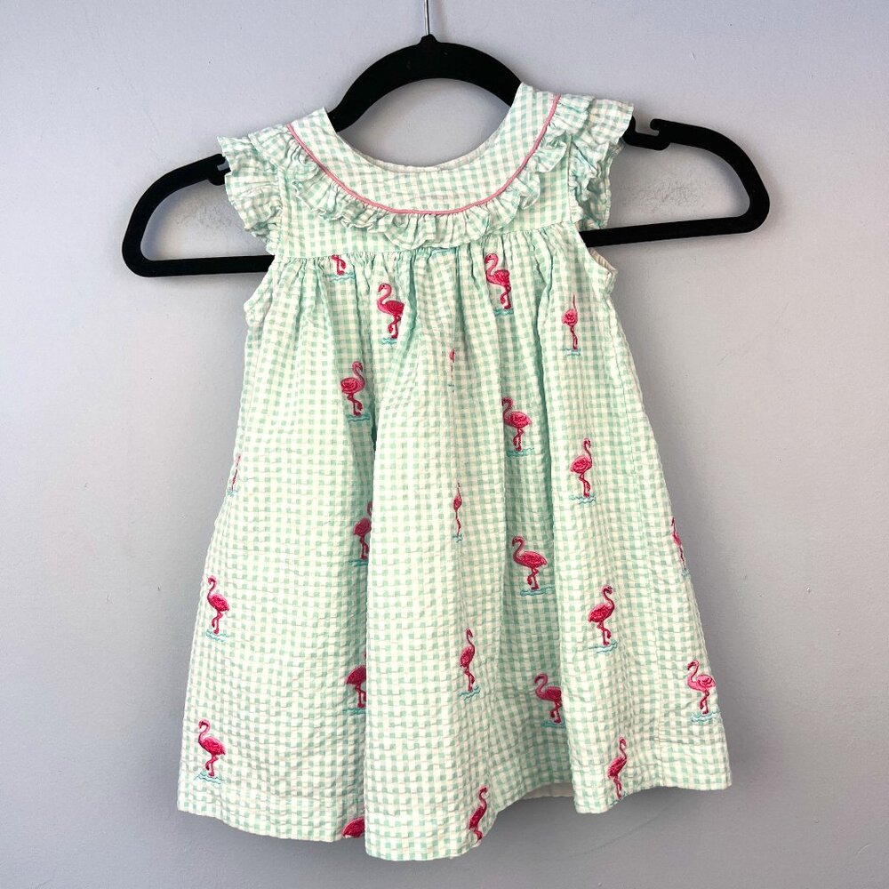Baby‎ Cotton Summer Dress Size 24 mos Green/White Check Embroidered Flamingos